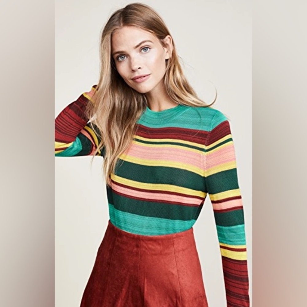 Free People Striped Crewneck Sweater in Teal, Green, Yellow, Pink, Burgundy